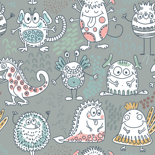 彩色矢量无缝模式与有趣的怪物图片下载