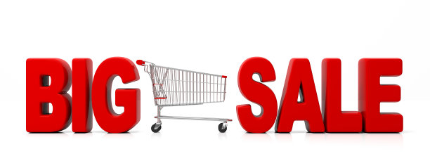 文字大减价和超市手推车孤立在白色、横幅上。三维演示图片下载