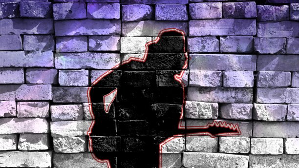 一个吉他手的剪影在一个彩色的背景上打棒球帽吉他。虚拟涂鸦。图像，画在砖墙的照片上。图片下载