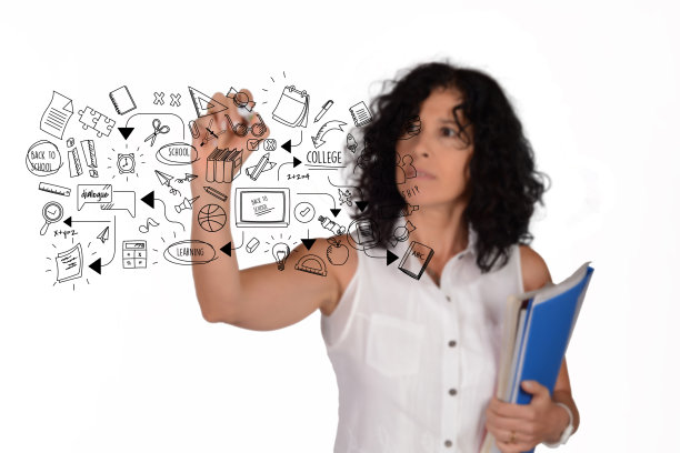 学校老师用记号笔写回学校素描。图片下载