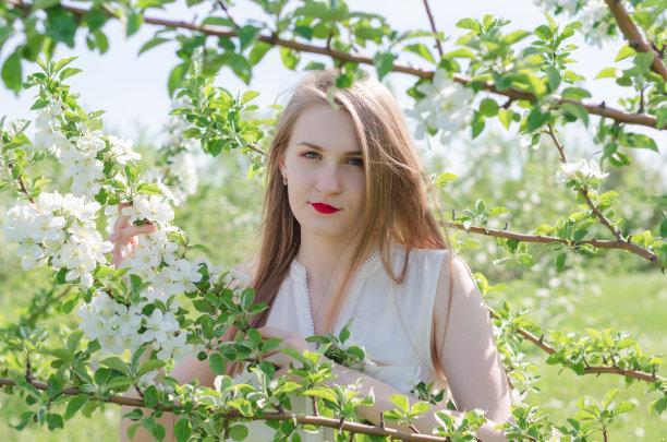 一个年轻美丽的女人在一个阳光明媚的日子里，站在盛开的苹果树在白顶的肖像。特写与文本空间。图片下载