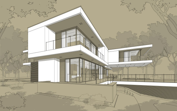 现代舒适住宅的三维效果图。带白点的黑线草图。图片下载