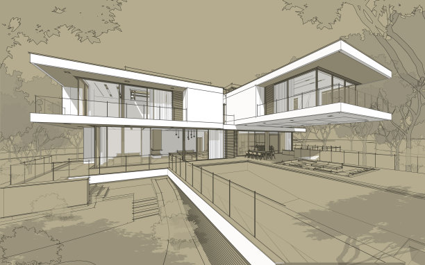 现代舒适住宅的三维效果图。带白点的黑线草图。图片下载