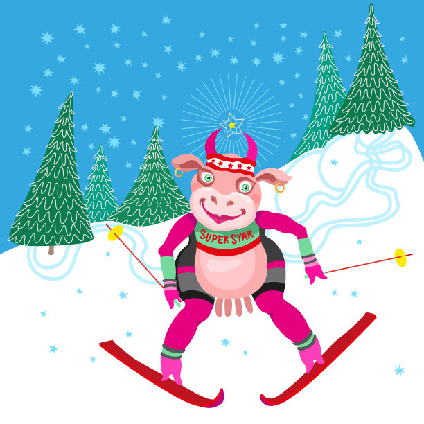 超级明星。幽默的寒假假期t恤印着蓝色的雪花。卡通疯牛在山上的杉树间滑雪。书籍封面，明信片，聚会邀请函图片下载