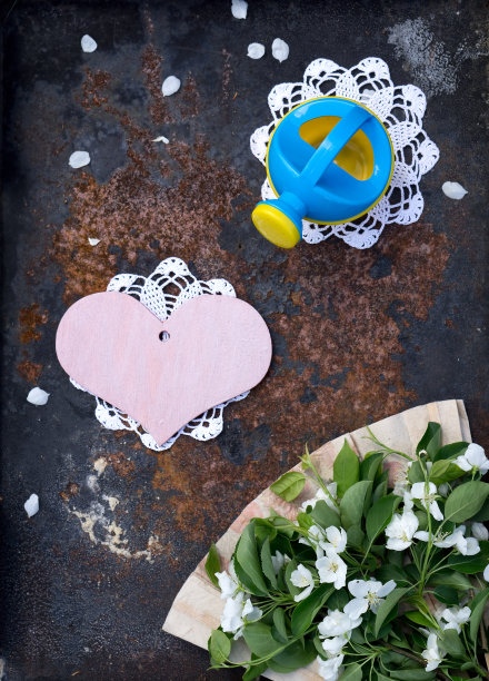 情人节卡片木制粉红色的心，苹果花与扇子手工文书和喷壶图片下载