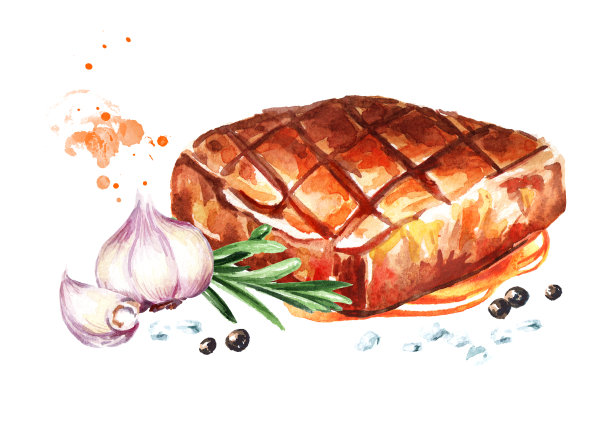加香料的烤牛排。水彩手绘插图，孤立的白色背景图片下载