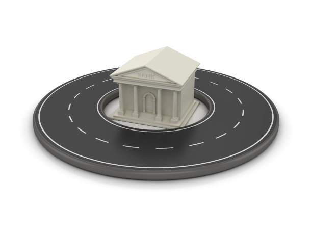 银行大楼与圆形道路- 3D渲染图片下载