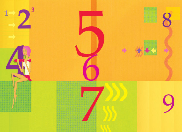 手里拿着哑铃的女孩坐在橙色和绿色的数字背景上图片下载