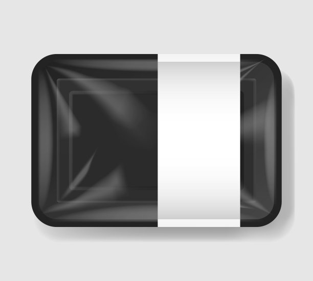 塑料托盘容器，玻璃纸盖。为您的设计建模模板。塑料食品容器与明确的白色标签模板。矢量插图。图片下载