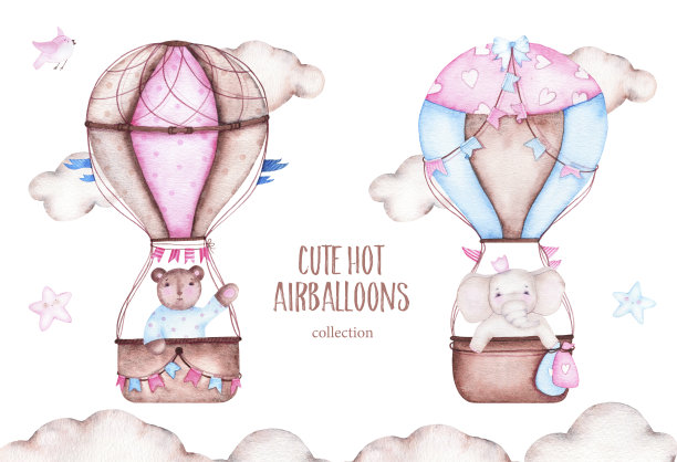 水彩画可爱的热气球与熊象素材图片