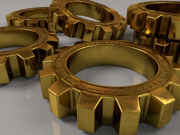 金色金属齿轮在灰色背景与反射特写。3 d渲染插图。图片下载