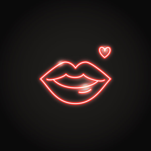 闪亮的红色嘴唇霓虹图标在线条风格图片下载
