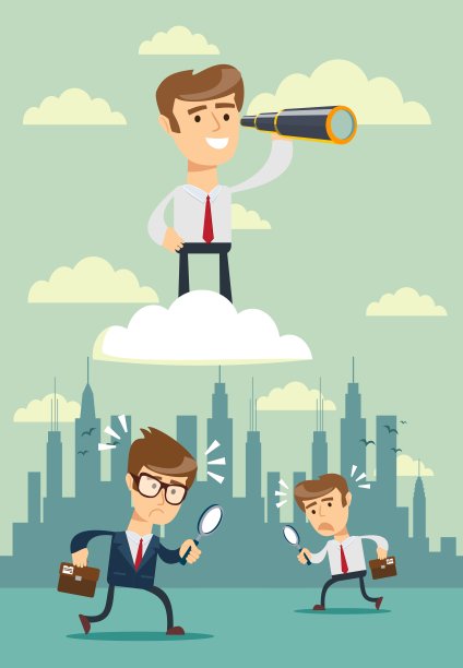 成功的商人用望远镜观察别人头上的云。企业愿景的概念。图片下载