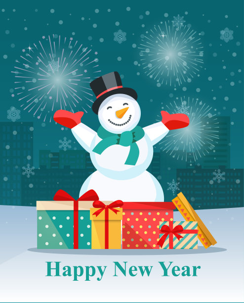 彩色包装的礼品盒和雪人堆。矢量平面插图图片下载