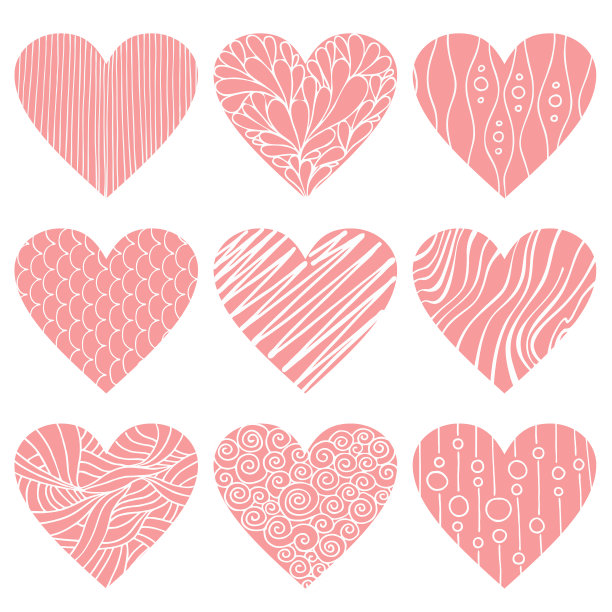 可爱的粉色心形图标。创意手绘波浪，螺旋，线，网，网格为基础的元素装饰情人节。图形爱图标，符号。心的轮廓。形状的印刷图片下载