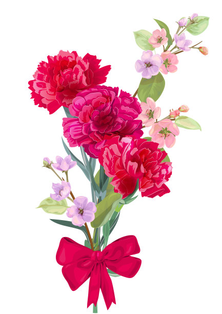 母亲节竖卡与康乃馨，春天开花:红色，粉红色，白色的花朵，叶子，白色背景，植物插图，水彩风格，圆形框架，复制空间，复古，矢量图片下载