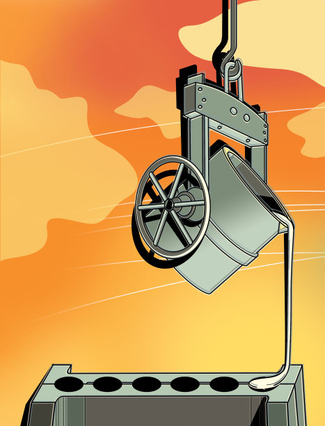 冶金学。熔化金属的钢包把金属浇成圆形图片下载