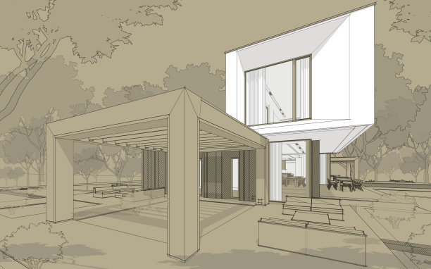 现代舒适的花园住宅三维效果图白点黑线草图和手工背景手绘随从图片下载