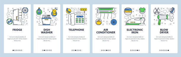 网站登陆屏幕。家用电器，熨斗，洗碗机，冰箱，空调。菜单矢量横幅模板的网站和移动应用程序开发。现代设计线性艺术平面插图。图片下载