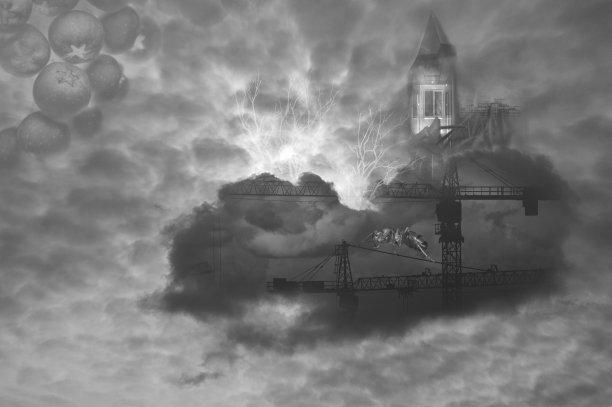 用天空中的云朵和蚂蚁进行抽象拼贴。独特的超现实主义的创作图片下载