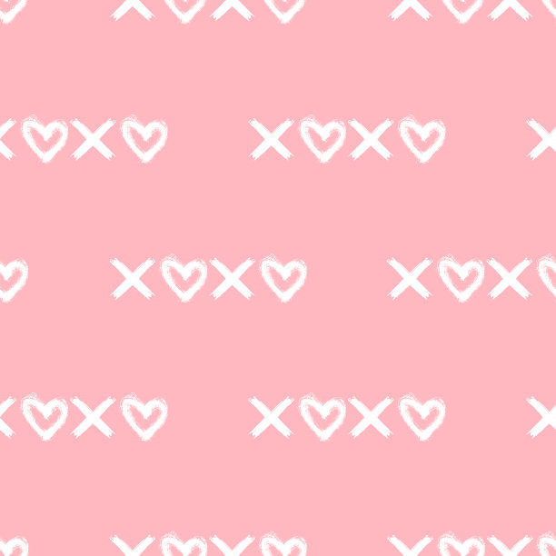 Seamless pattern with “Xoxo" text with hearts isolated on pink background. Vector ink brush sketch. Hand drawn graphic elements.图片下载