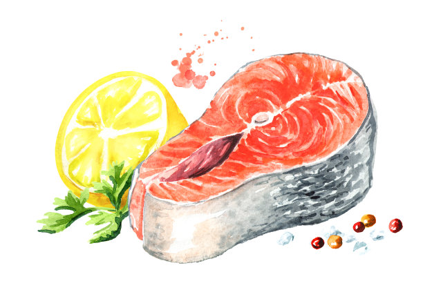 三文鱼片配柠檬和香料。水彩手绘插图孤立的白色背景图片下载