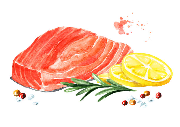三文鱼片配柠檬，迷迭香和香料。水彩手绘插图，孤立的白色背景图片下载