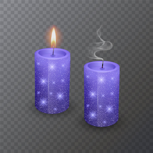现实的蜡烛，燃烧的蓝色蜡烛和熄灭的蜡烛与闪闪发光的纹理在黑暗的背景图片下载