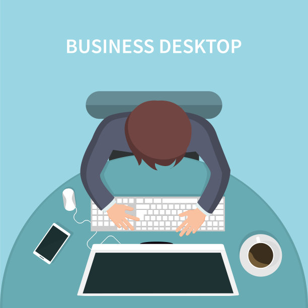 人与他的电脑业务办公桌的俯视图片下载
