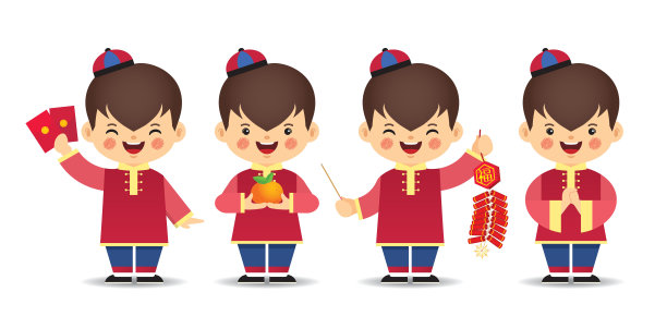 一套可爱的卡通中国男孩-红色素材图片