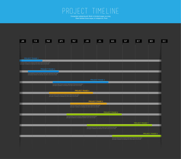 项目时间轴图形矢量插图背景与彩色条显示整个项目的里程碑。图片下载