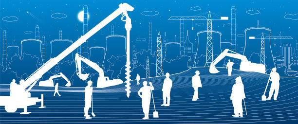 建设工厂。工作的人。工业机械，起重机和推土机。基础设施城市建筑插图。矢量设计艺术图片下载