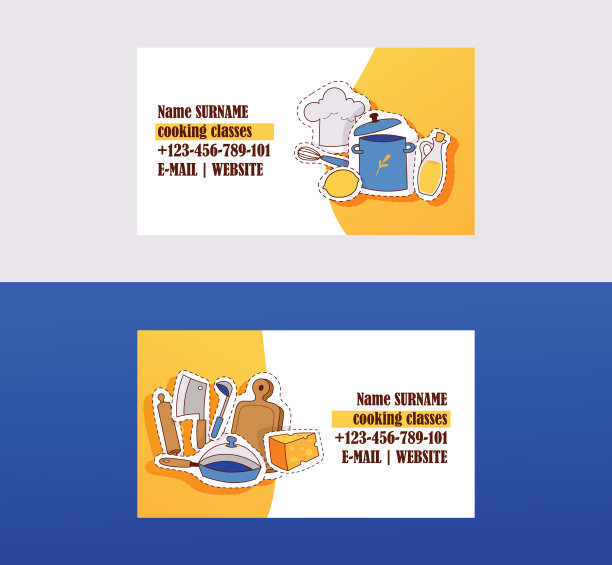 烹饪学校的名片，烹饪课，食物工作室矢量插图。联系信息。焦化用具及食品。木板，锅，锅，刀，擀面杖，勺子。图片下载