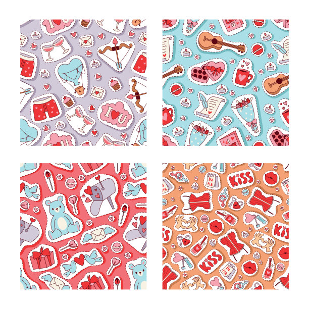 情人节矢量插图。无缝图案有心形，熊玩具，花，鸟，箭，浪漫的信件，糖果为织物，玻璃与酒贴纸纺织品，包装纸。图片下载