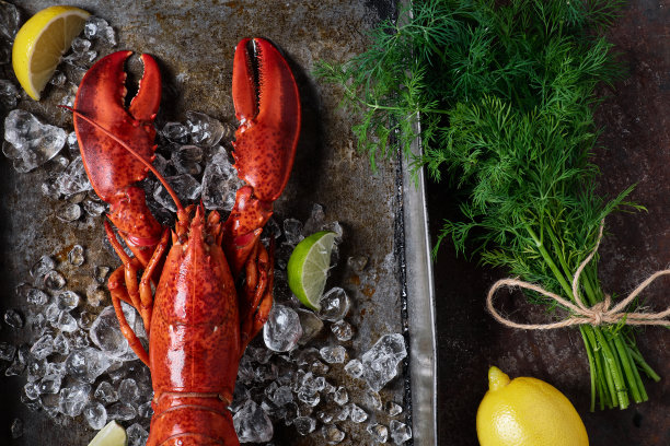 深灰色生锈托盘里的龙虾配上冰块和柠檬，俯视图，复古风格图片下载