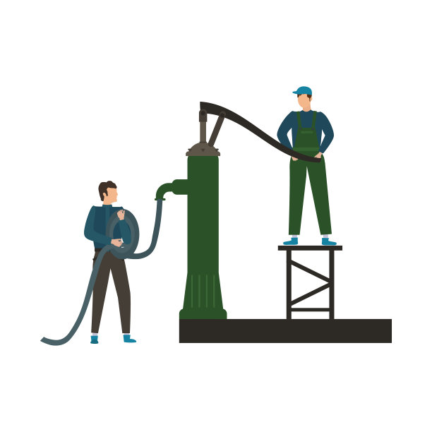 两个穿着工作服的园丁和一个手动水泵。概念园艺和耕作。矢量图图片下载