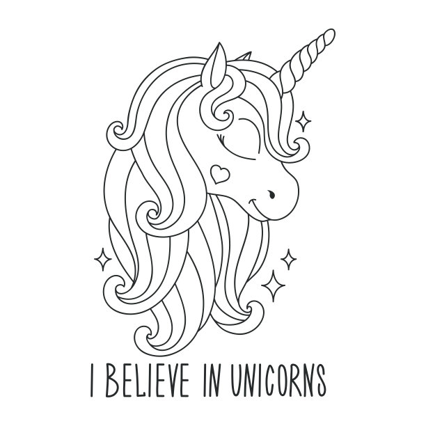 Сoloring页面。独角兽画。我相信独角兽文字。设计的孩子。时装插画，现代风格的服装。少女的打印。图片下载