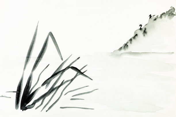 岸边和山坡是手绘在纸上的素材图片