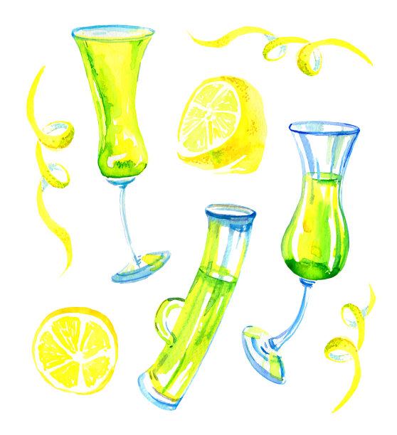 一杯柠檬酒和柠檬。水彩手绘素描插图图片下载