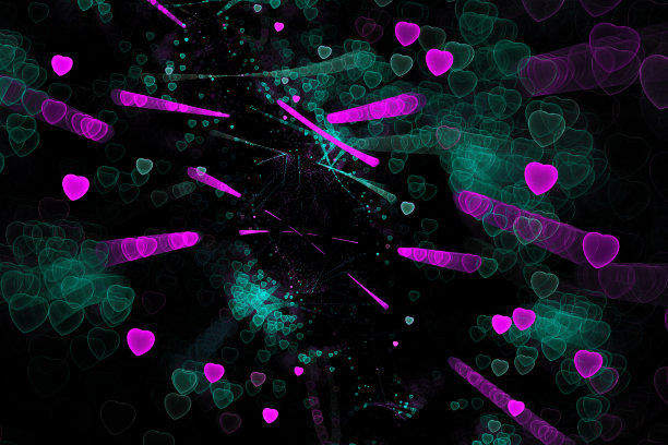 霓虹粉青爱心 黑色背景 情人节抽象图案 艺术分形图片下载