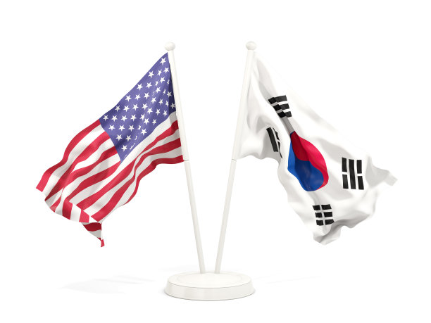 两面飘扬的美国和韩国国旗图片下载