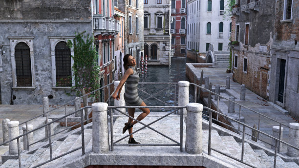 一个微笑的女人穿着裙子站在一座步行桥上，以威尼斯为背景的插图。图片下载