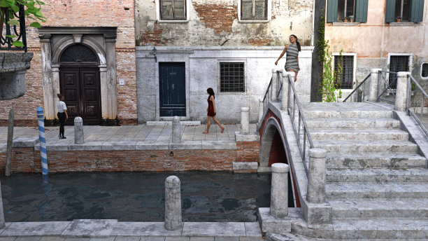 插图的一个女人在一个步行桥上的女人站和走在背景在威尼斯喜欢的设置。图片下载