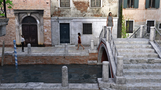 插图的一个女人在一个步行桥上的女人站和走在背景在威尼斯喜欢的设置。图片下载