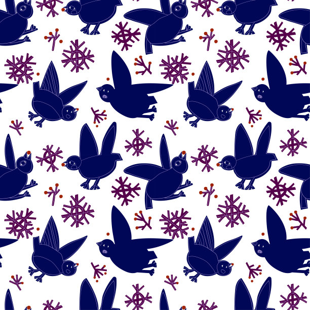 美丽的图案与鸟和花的树枝上白色的雪，和大的雪花图片下载