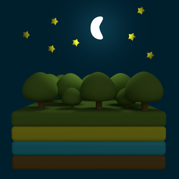 程式化有趣的卡通自然景观与树木，月亮和星星。有层的岛屿或陆地的一片。晚上的版本。孩子们用粘土、塑料或柔软的玩具学习。三维演示图片下载