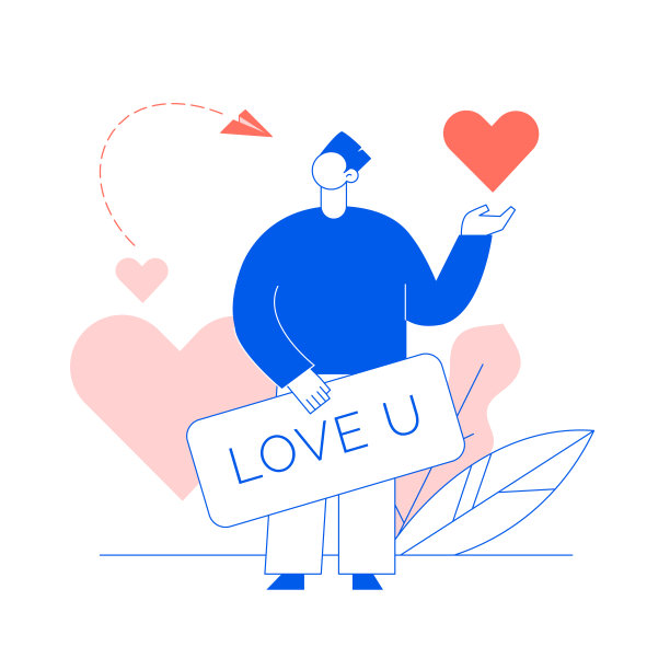 情人节浪漫的男士情人在蓝色和时髦的珊瑚色平线风格设计理念与大的现代个性。爱情礼品卡插图图片下载