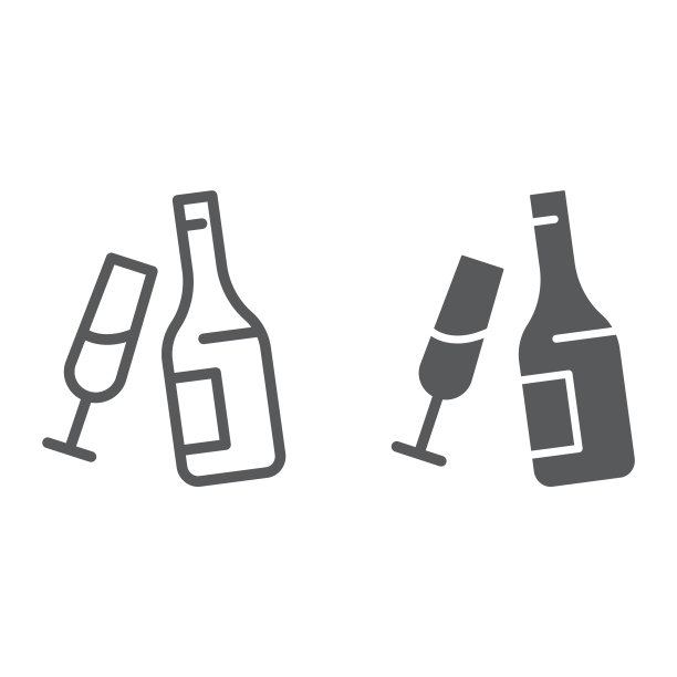 香槟线和字形图标，酒精和饮料，瓶子与玻璃标志，矢量图形，白色背景上的线性模式。图片下载