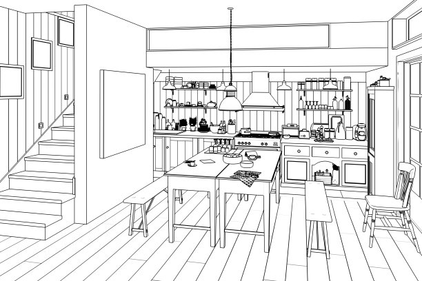厨房:装修(草图)- 3d插图图片下载