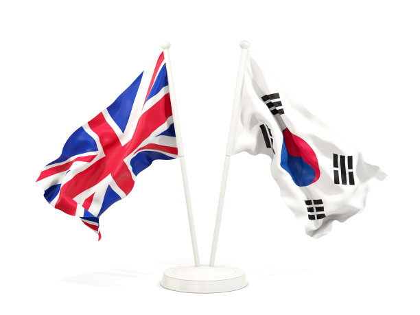 两面飘扬着英国和韩国国旗图片下载